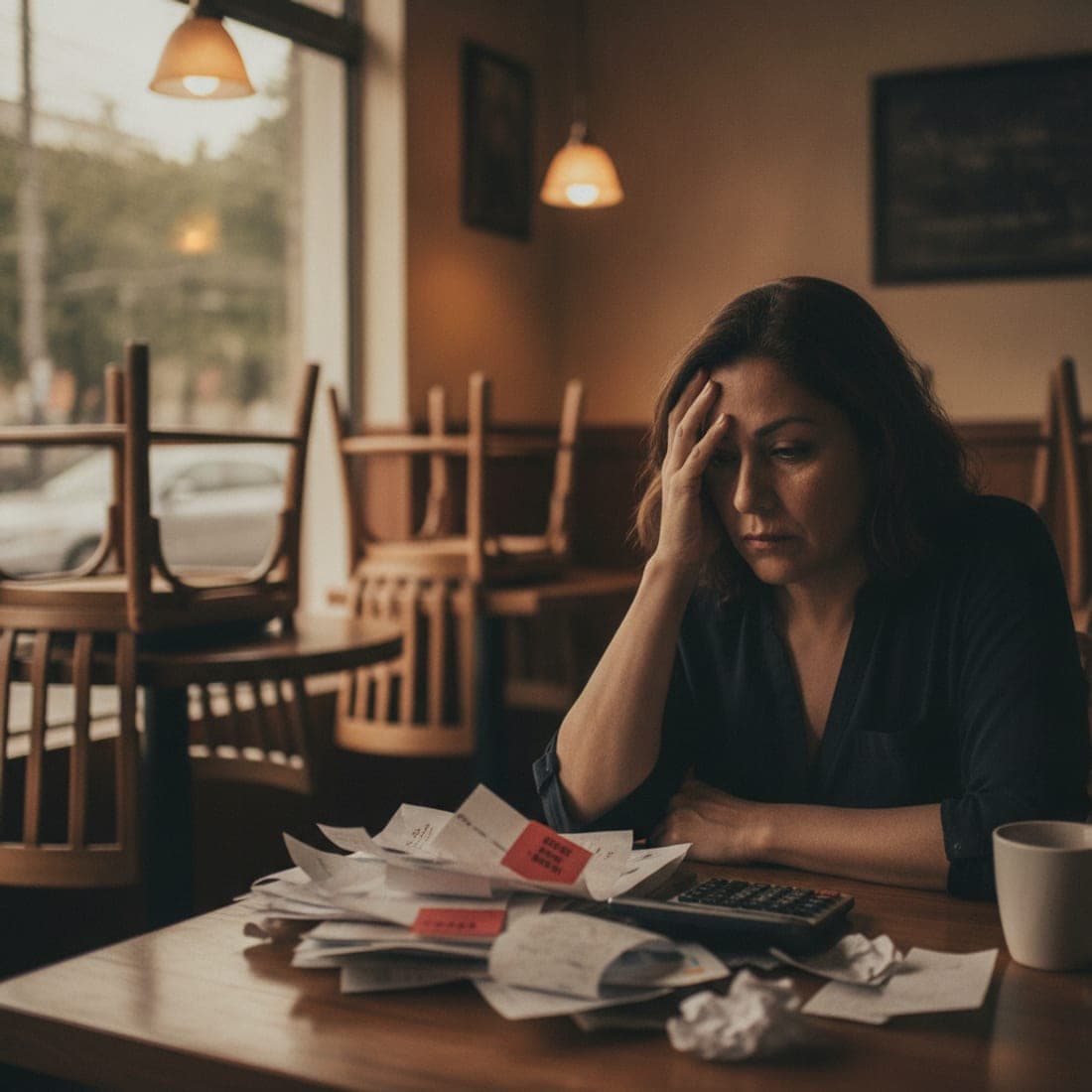 A small restaurant owner sitting alone with unpaid bills late at night.