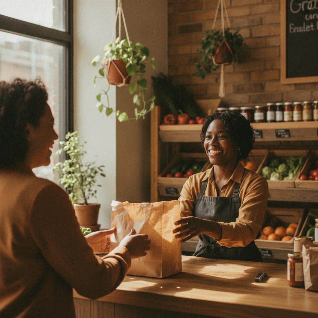 A grocery store owner smiling as she serves a customer in her open shop.